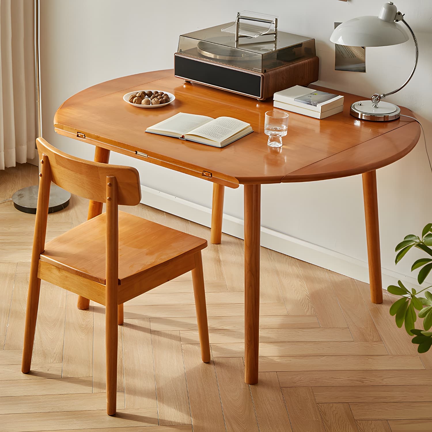 Round Wood Scandinavian Design Dining Table with Self-Storing Leaf and Extension Feature - image 3