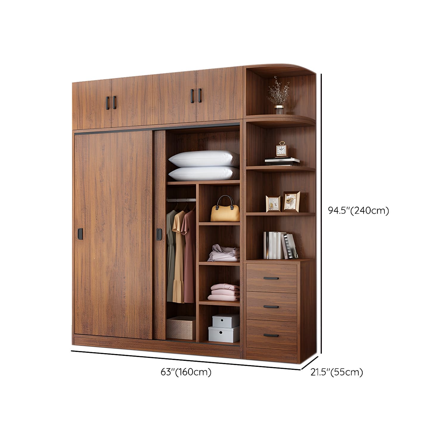 Non-Adjustable Traditional Brown Wood Wardrobe Armoire with Sliding Doors and Soft Close Drawers - image 27