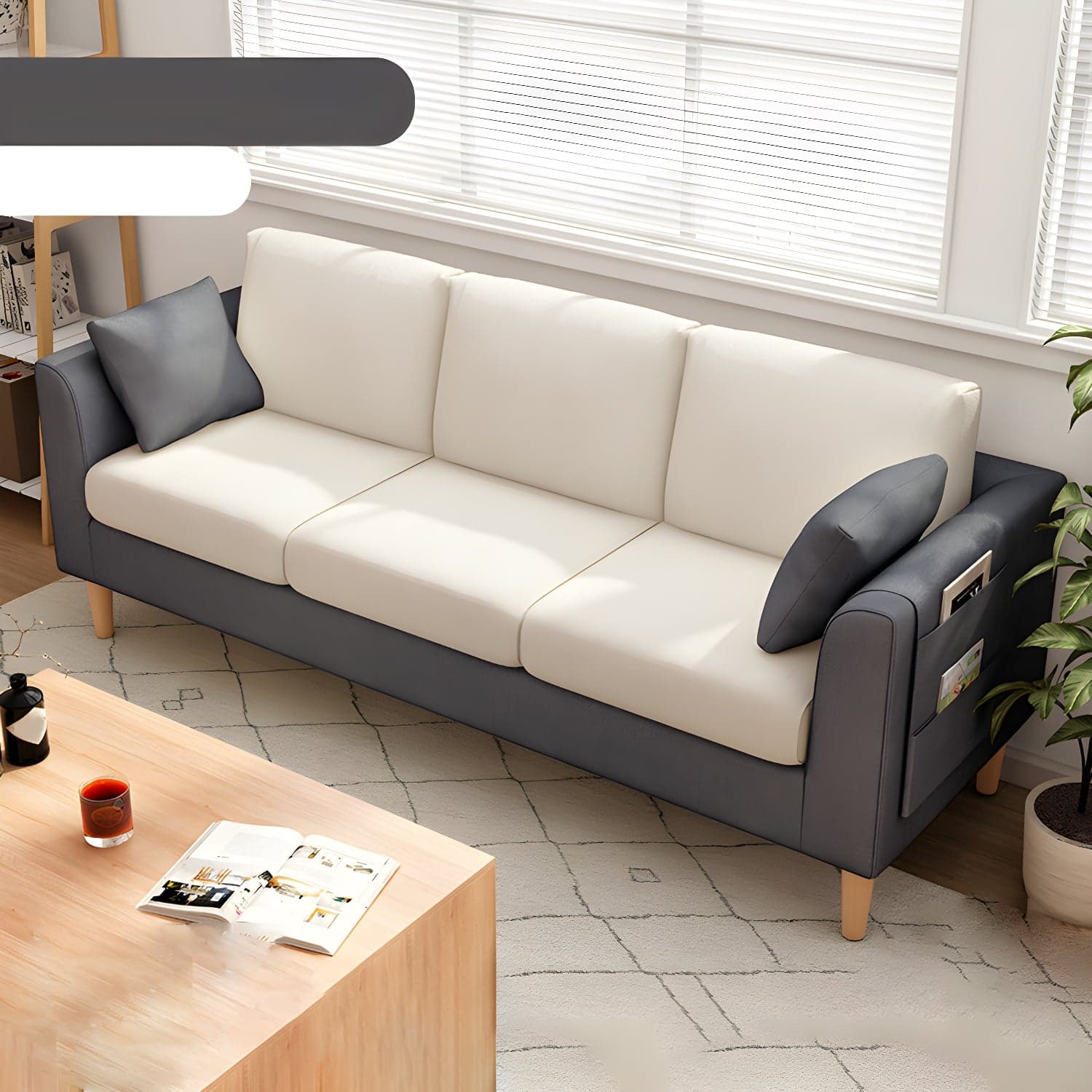 Scandinavian 3 Seater Sofa with Pillows Back and Tuxedo Arm and Solid Wood Legs