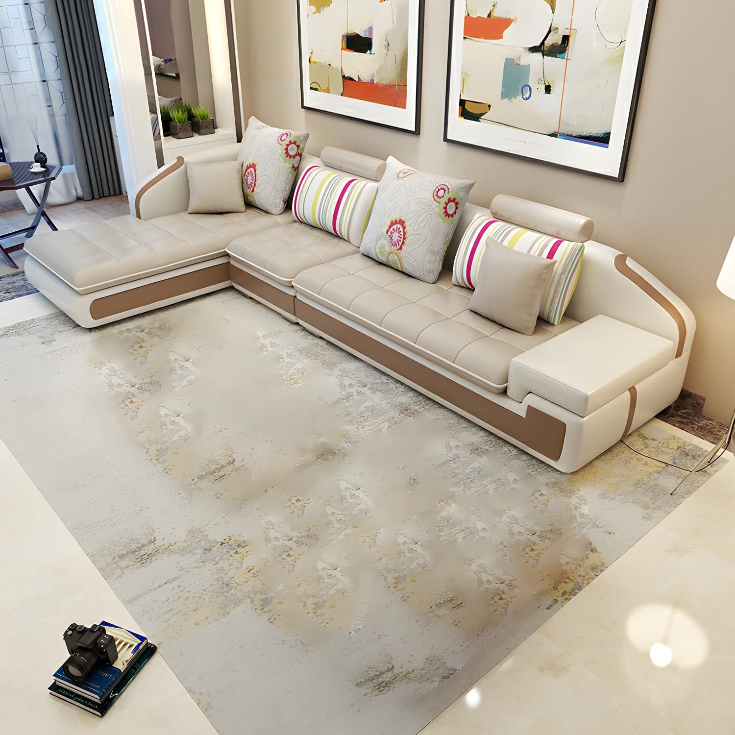 Modern Wood Frame L-Shaped Stationary Sofa Chaise in Tech Cloth with Pillow Back - image 9