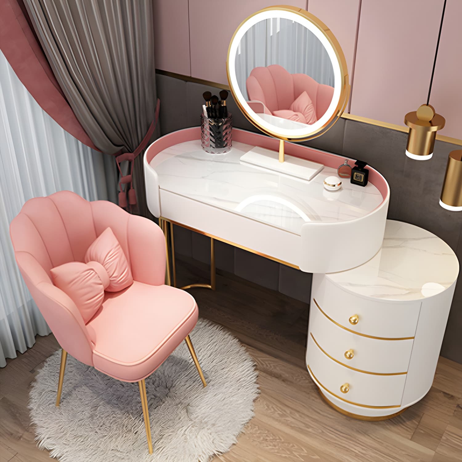 Contemporary Bedroom Metallic Lighted Mirror With Drawer Makeup Vanity Set - image 8