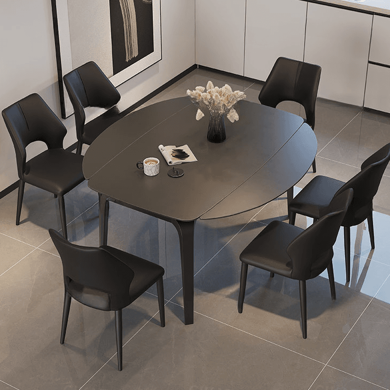 Dining Table Set with Slate Stone Top, Fold-away Leaf, Padded Chair with Back for 6 People in Midnight Black