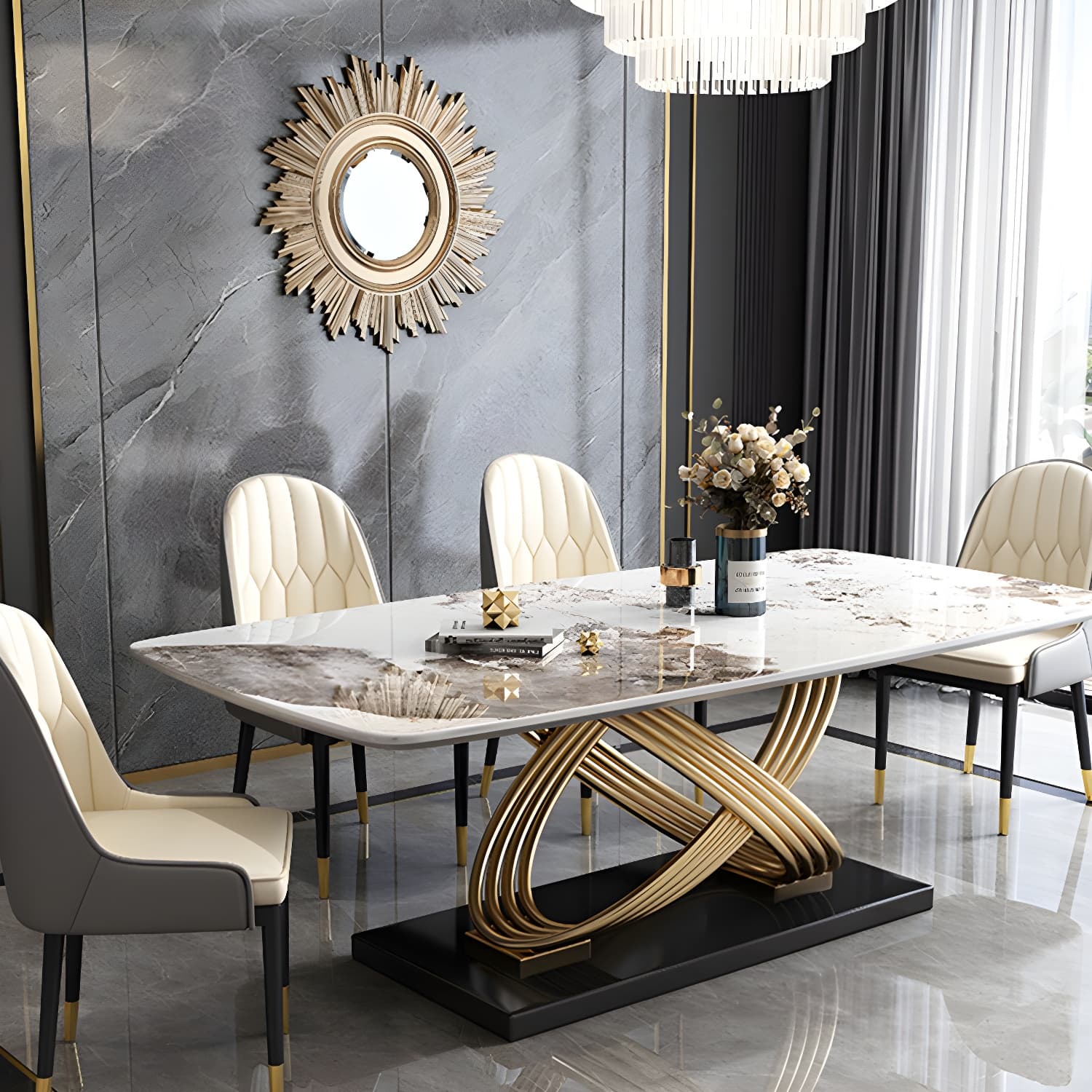 Nordic Glam Rectangle Sintered Stone Table Set 1/4/5/7 Pieces Dining Set - image 3