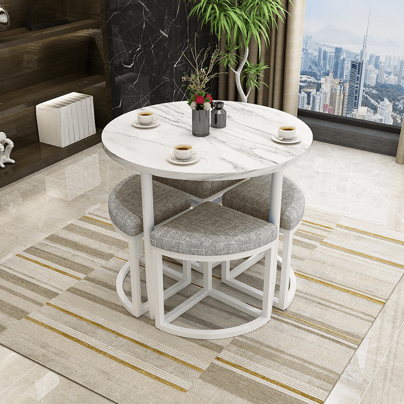 Reclaimed Wood Round Dining Table Set with Metal Toboggan Base and Upholstered Backless Chairs for 4 People - image 30