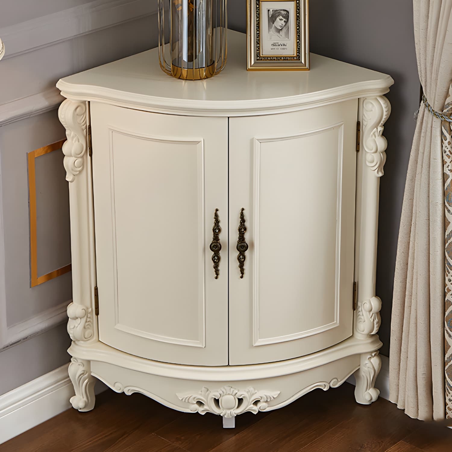 Corner Mid-Century Modern Accent Cabinet with Wood Counter Top and 3 Shelves - image 5