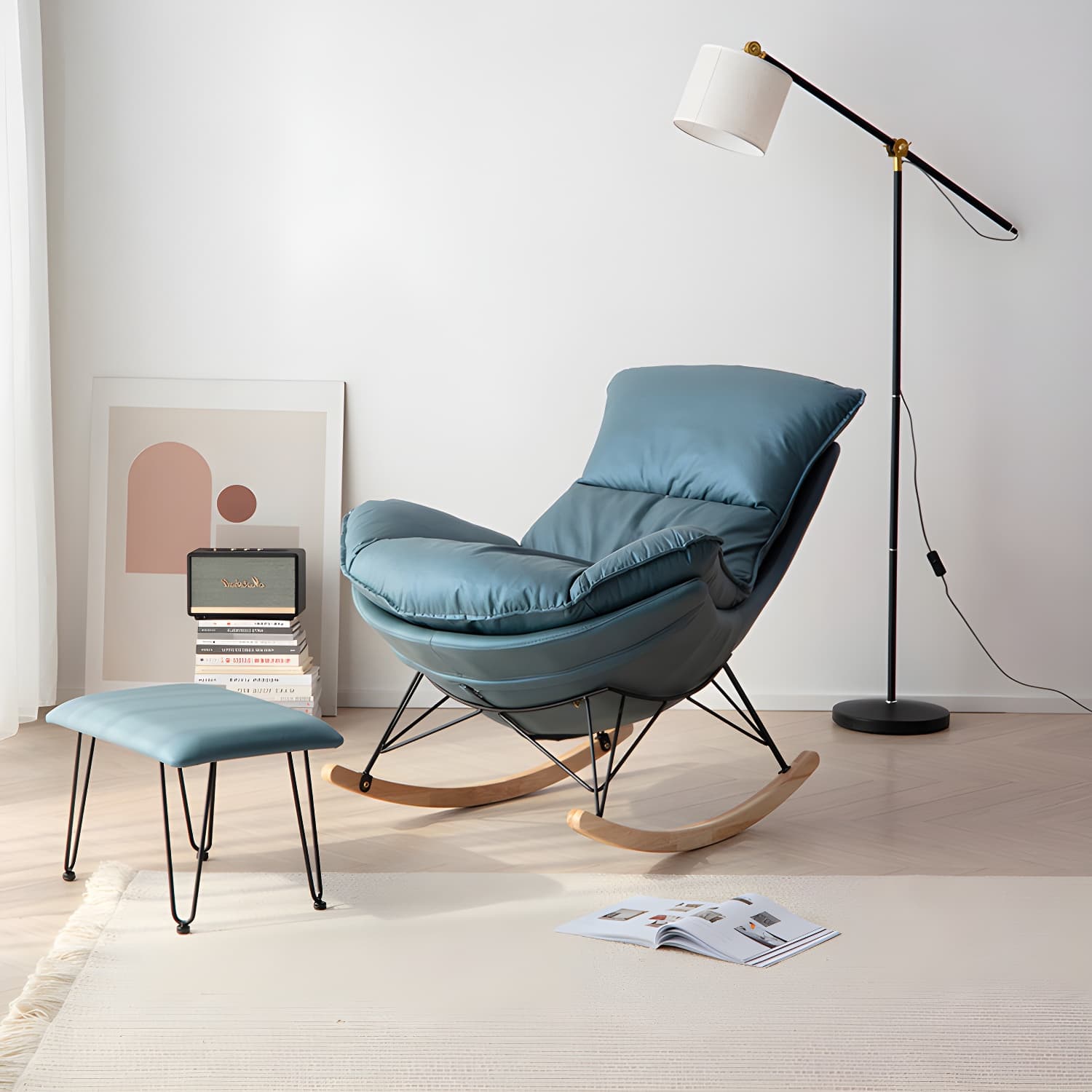 Wing Back Rocking Chair Solid Wood Rocker Chair with Ottoman - image 10
