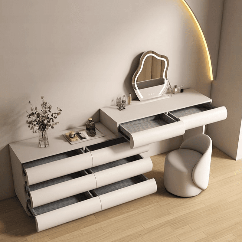Large Vanity Set with Natural Wood Table Top, White Chair, 8 Drawers, Mirror Lights, and Scalable Design - image 3