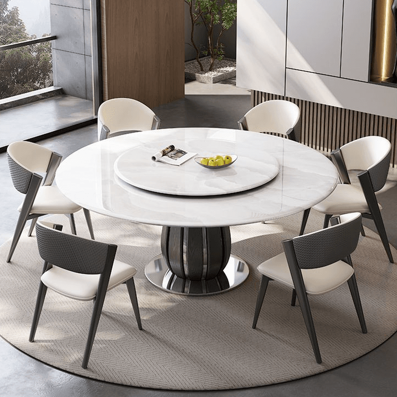 Dining Table Set with Rounded Marble Slab Top and Stump Base, Featuring Padded Chair with Back in White