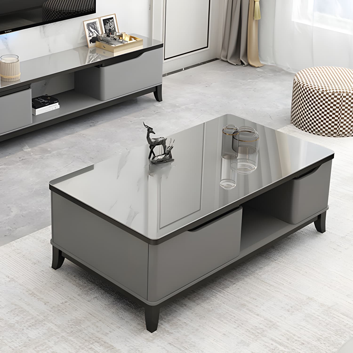 17.7 " Tall Contemporary Wood 4 Legs Glass/slate Rectangular Top Coffee Table with Drawers - image 13