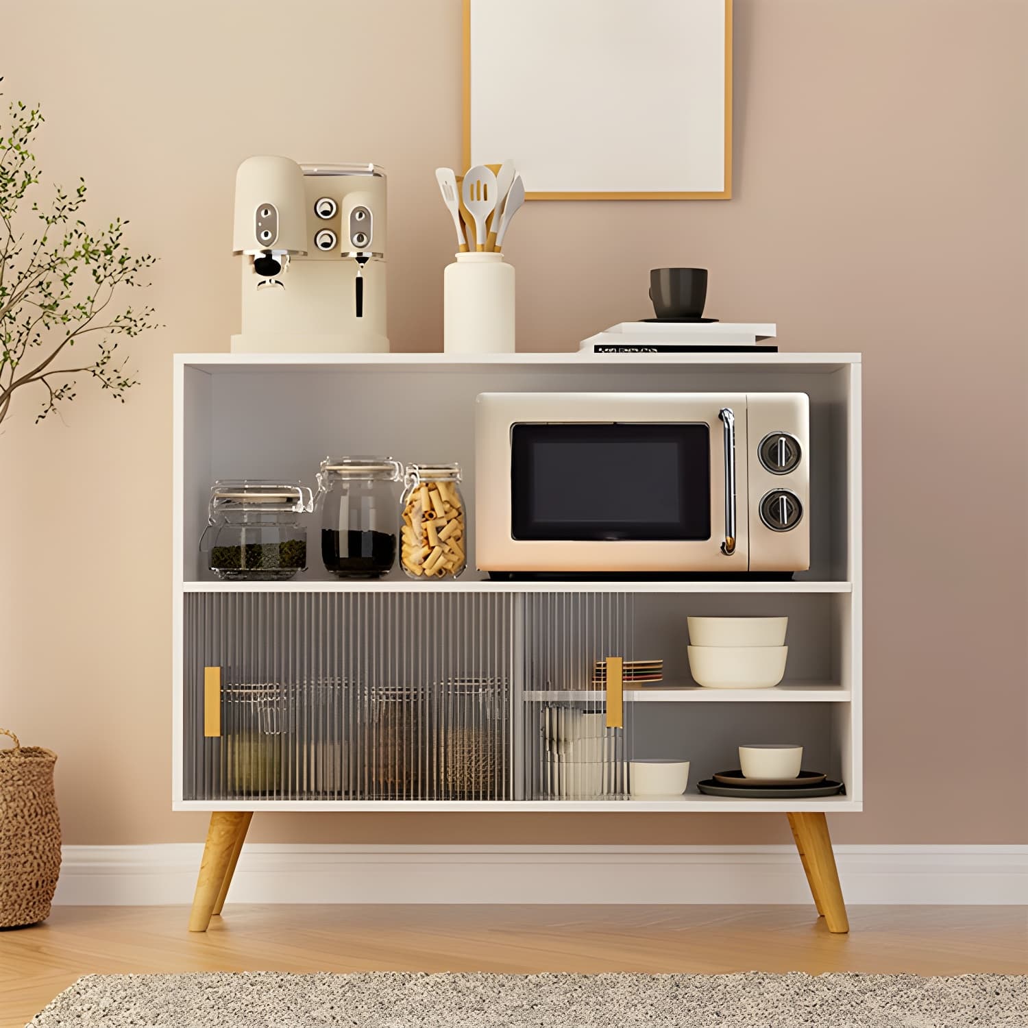 Scandinavian Wood Buffet Table with Acrylic Sliding Doors and Cabinet - image 10