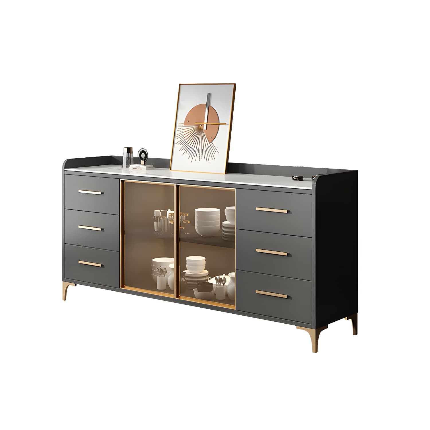 Glam Style Sideboard Wood Glass Doors Side Board with Cabinets and Drawers without Light - image 11