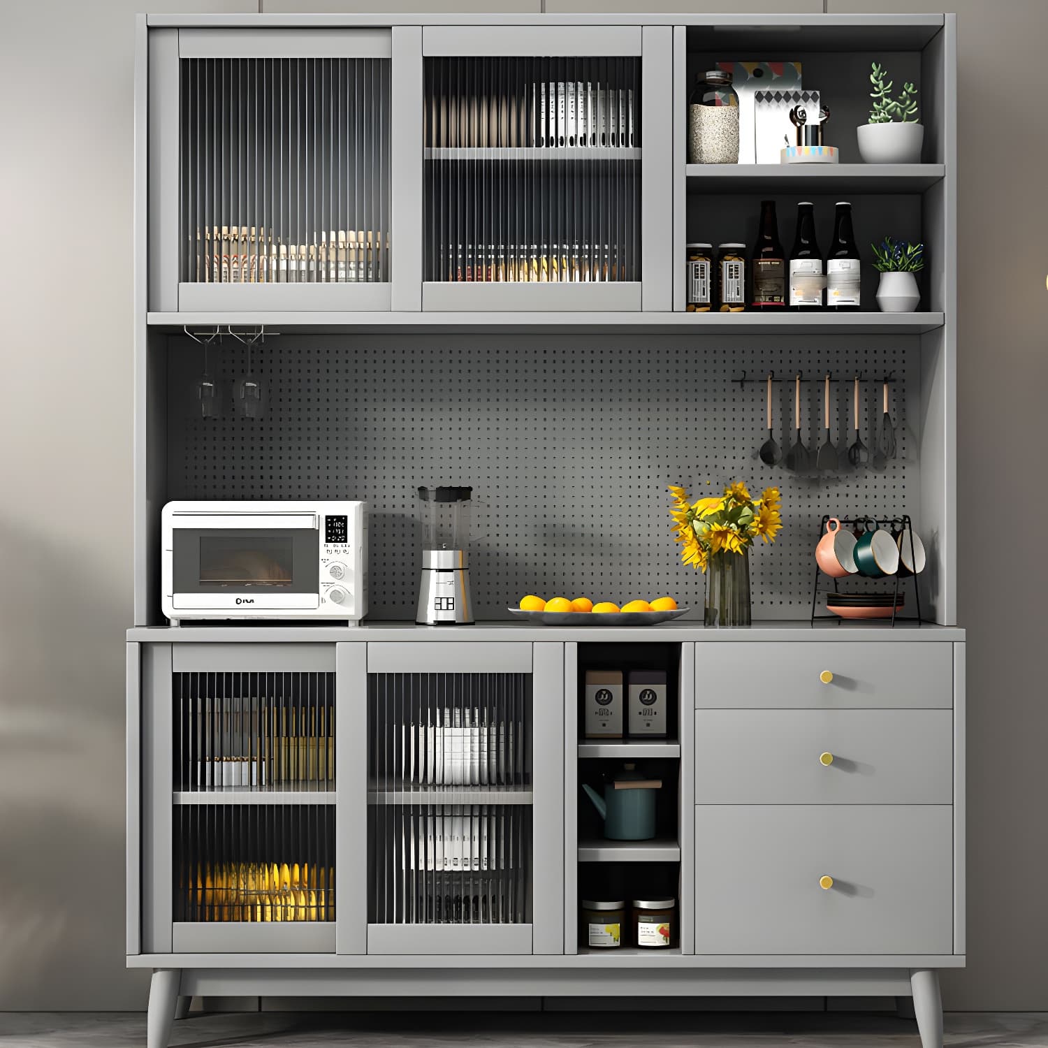 Modern Style Solid Wood Storage Sideboard Cabinet with Glass Doors and Drawers