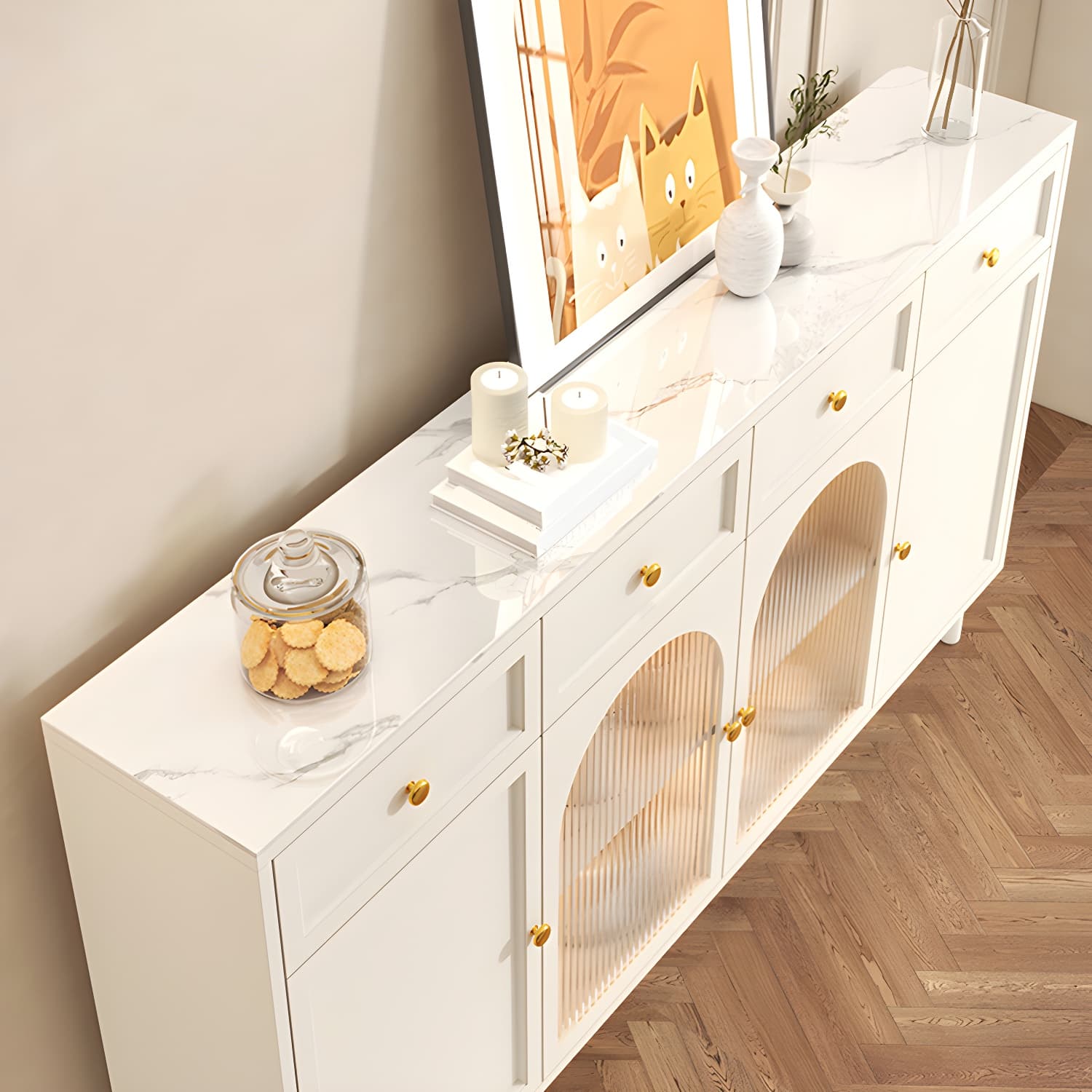 Wooden Buffet Server with Stone Countertop, Glass Doors, and Drawers - image 9