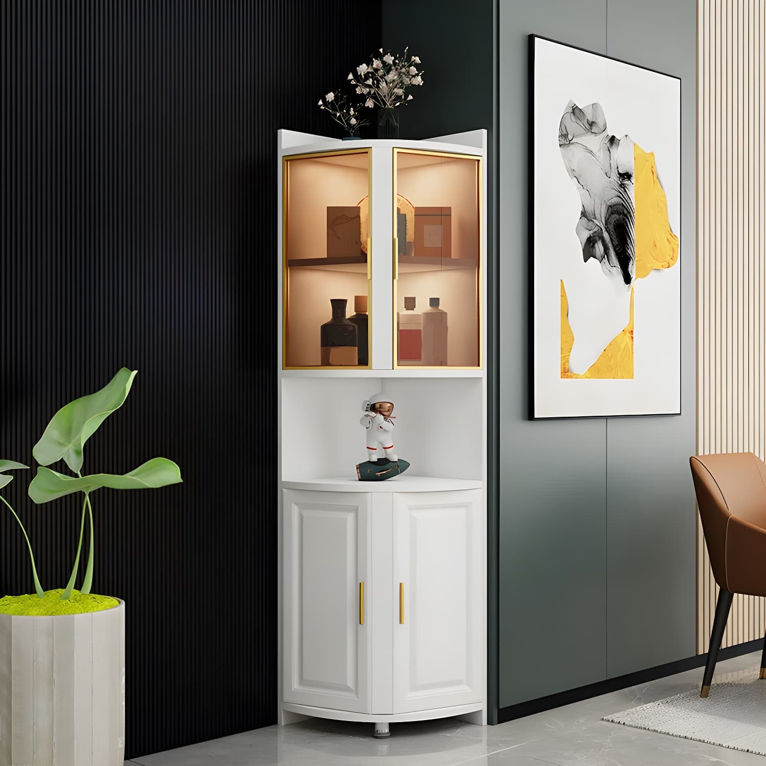 Modern White Corner Accent Cabinet with Glass Doors and Cabinets Included
