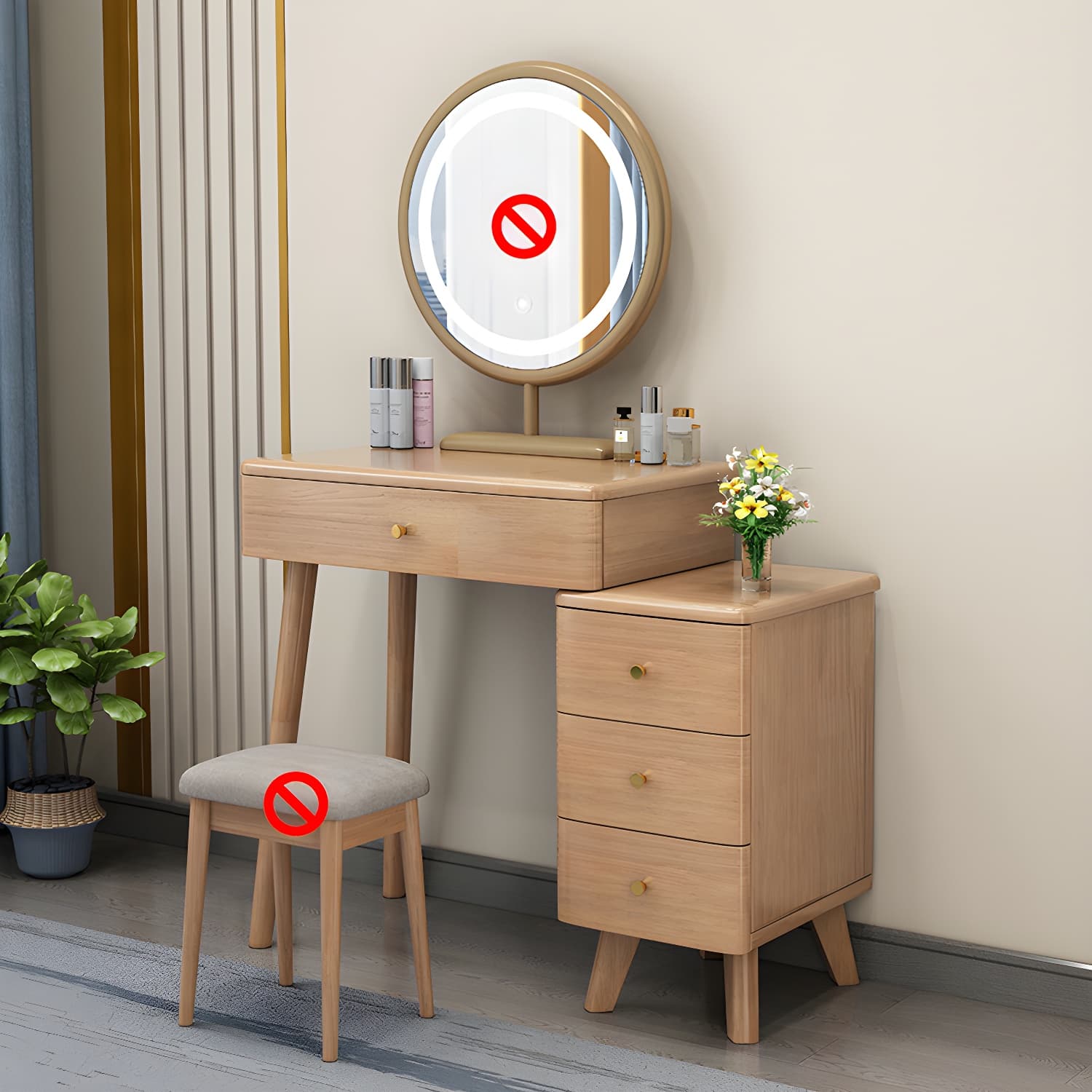 Solid Wood Vanity Makeup Table with Drawer Standing Mirror Dressing Table