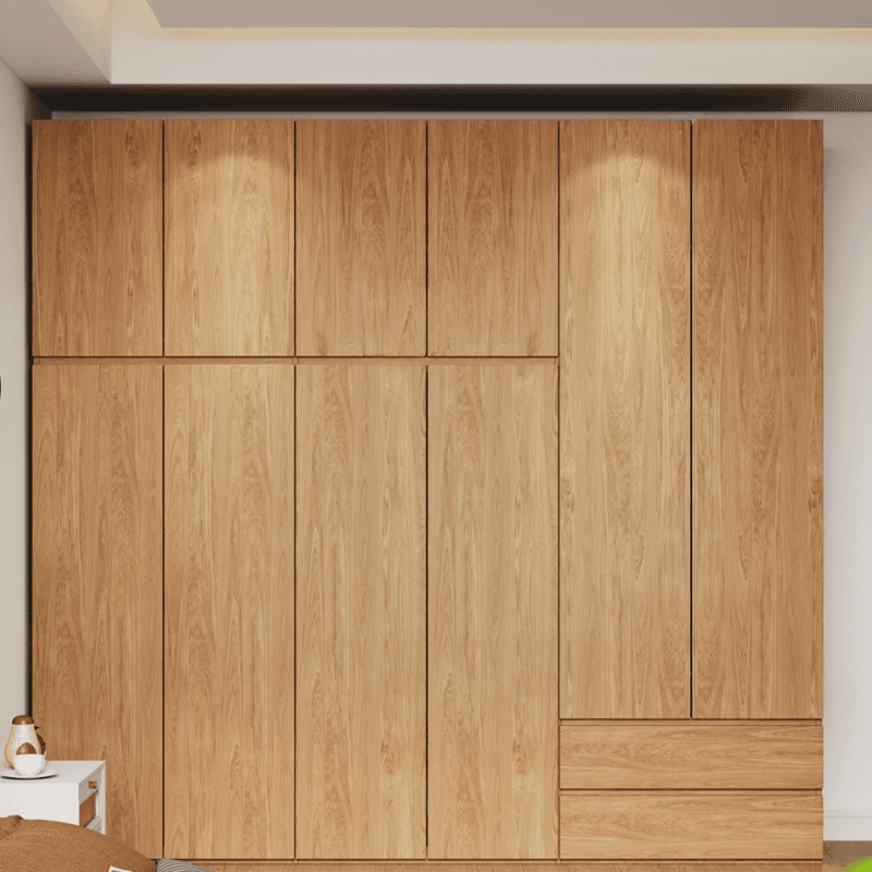 Wood Grain Minimalist Manufactured Wood Wardrobe Closet with 2 Drawers, Soft Close Door, Interior Shelves, and Clothing Rod