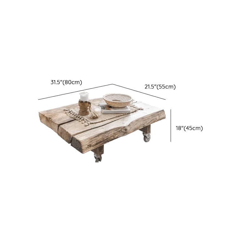 Classic Weathered Wood Wagon Wheel Pine Square Coffee Table with Rotating Roller Wheels for Home - image 12