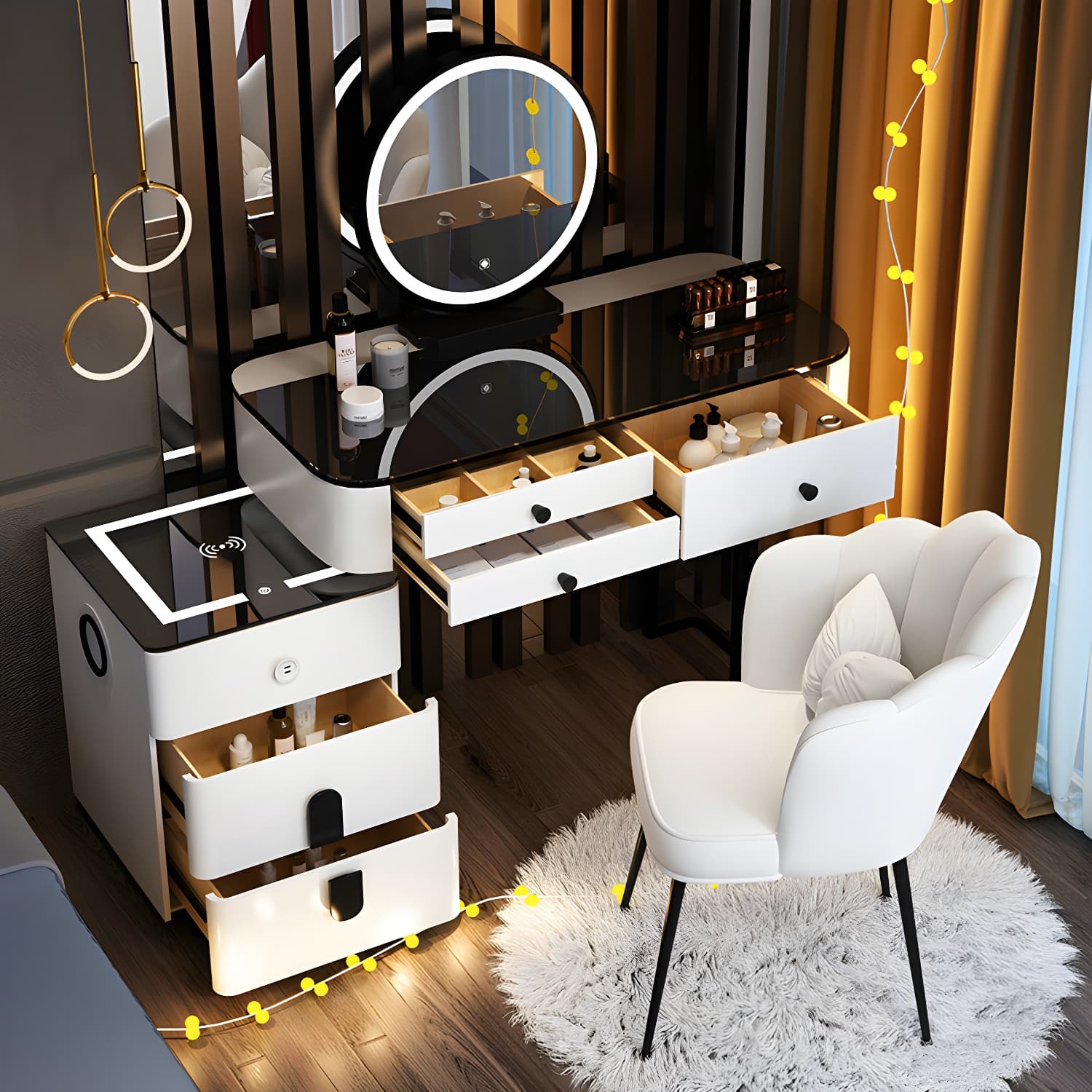 Lighted Mirror Wood Makeup Dressing Table Stool Set in Black/ White