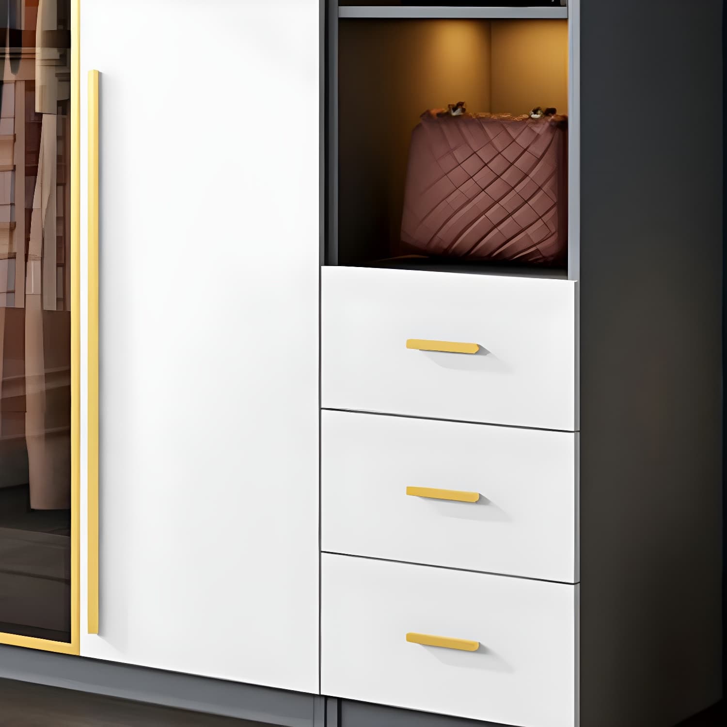Contemporary Color Block Glass Doors Combination Armoire with Shelves Storage - image 6