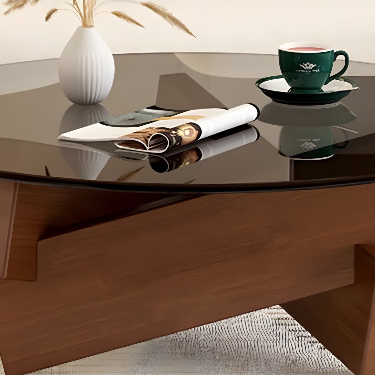 Stylish Round Glass Coffee Table with Tempered Top and Abstract Wood Base - image 9