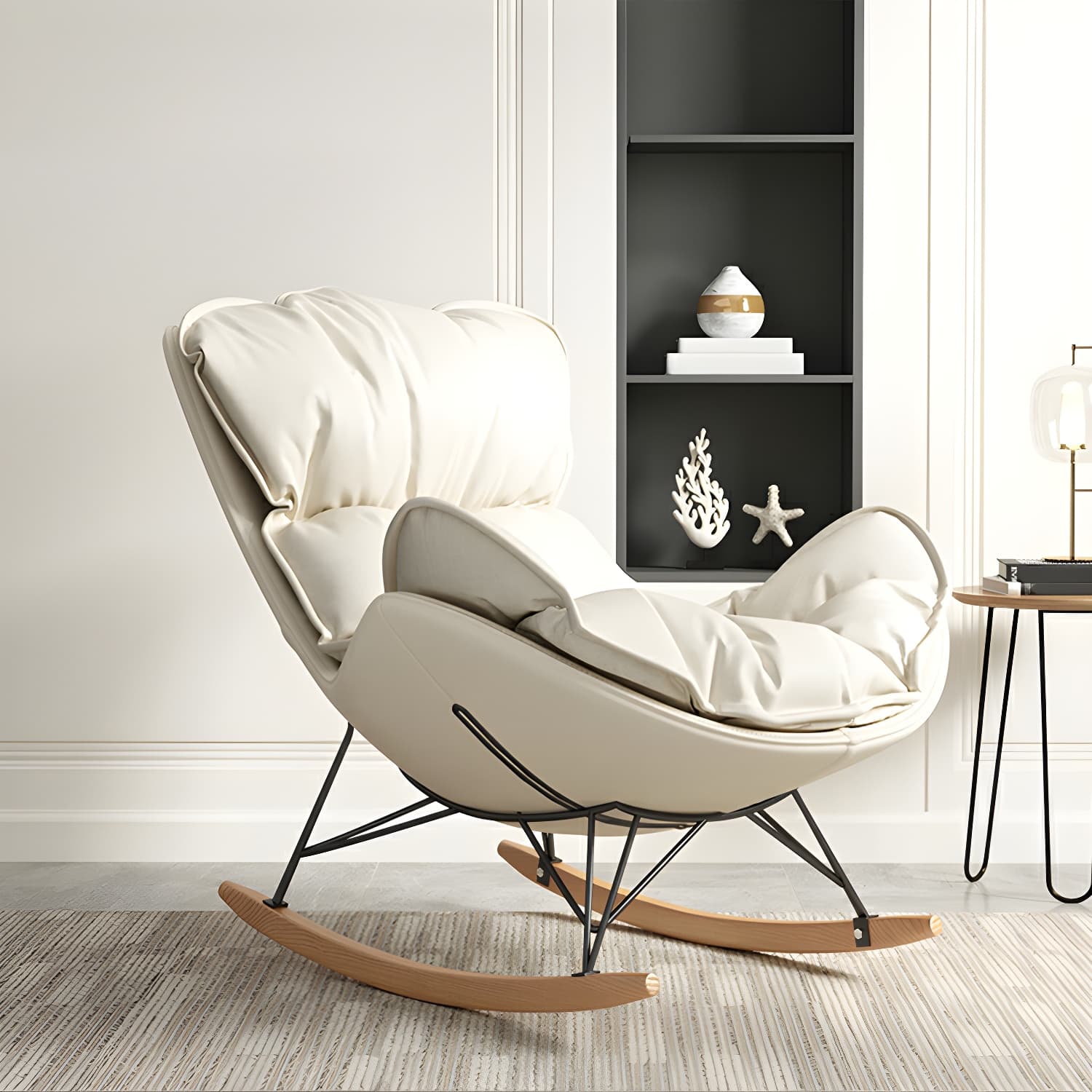 Modern Metal Rocking Chair with Upholstered Seat - Brown Legs, Removable Cushions - image 8