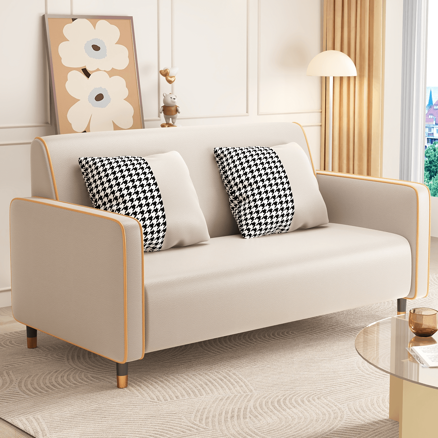 Trendy Solid Color Stain Resistant Loveseat in Synthetic Leather Grey/Beige/Amber Color for 2 People with 2 Pillows - image 11