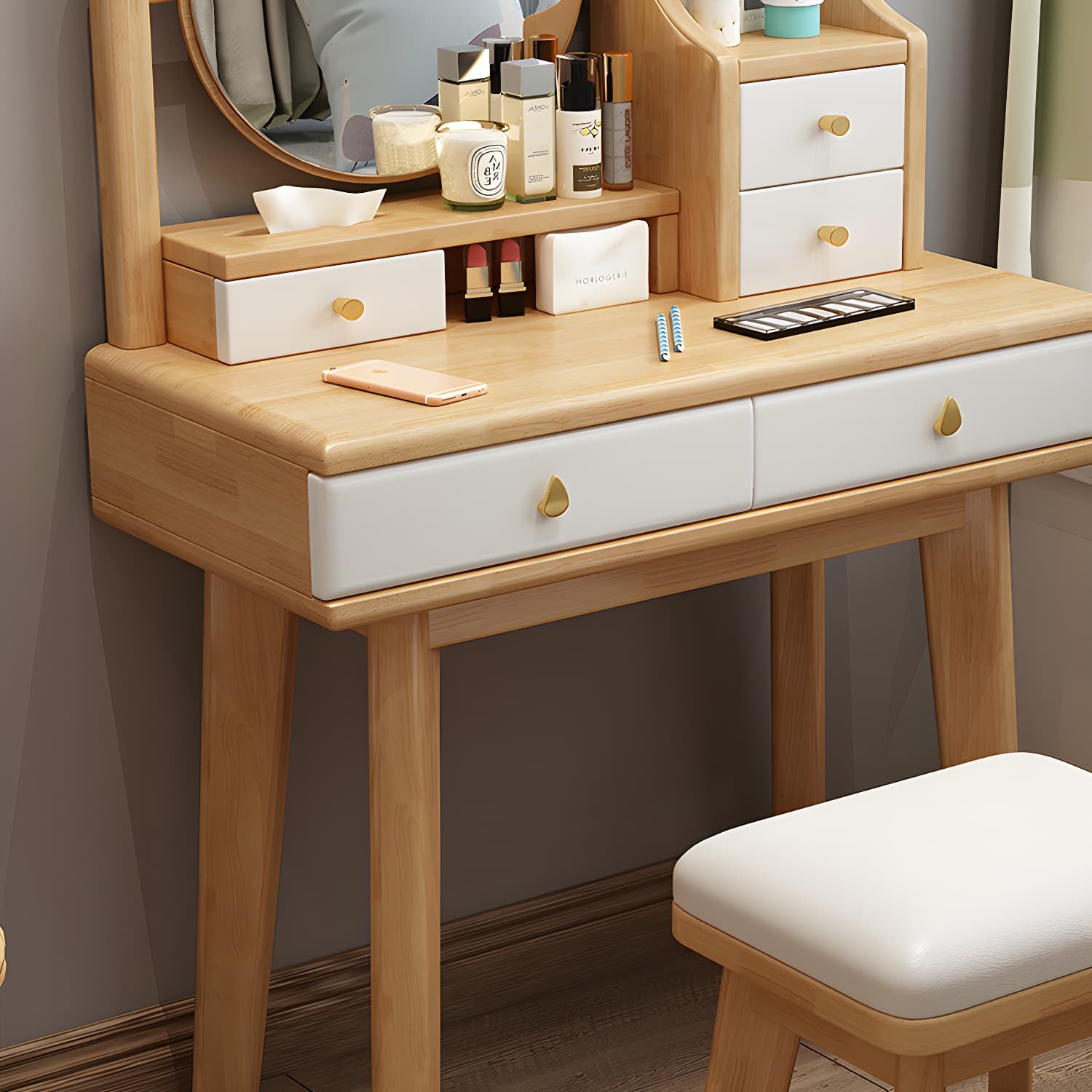 Scandinavian Solid Wood Table Makeup Vanity with Mirror and Drawers - image 9