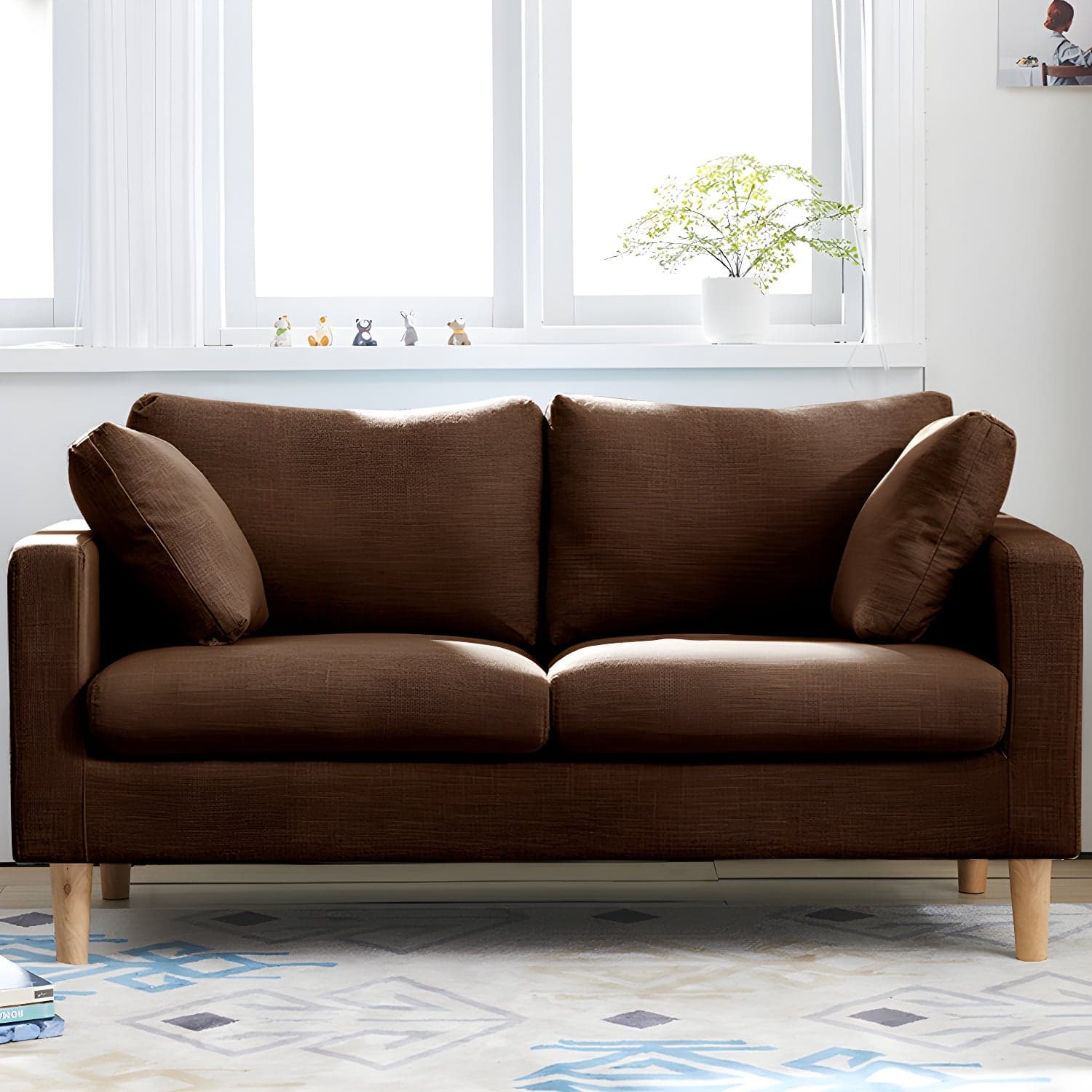Contemporary Square Arm Couch Faux Leather Loveseat with Pillows - image 4