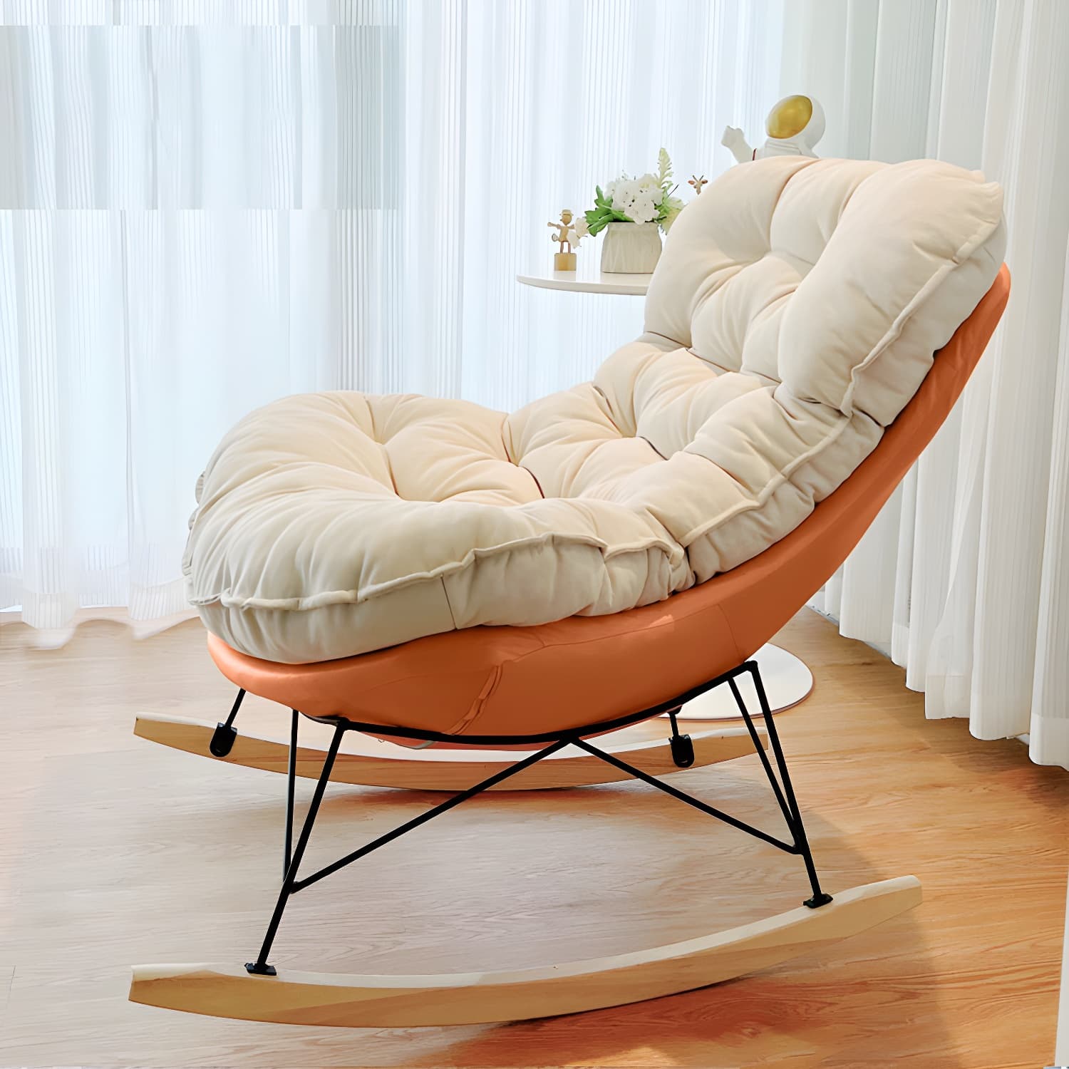 Modern Upholstered Rocking Chair with Tufted Seat - Natural Wood Legs and Armless Design - image 7