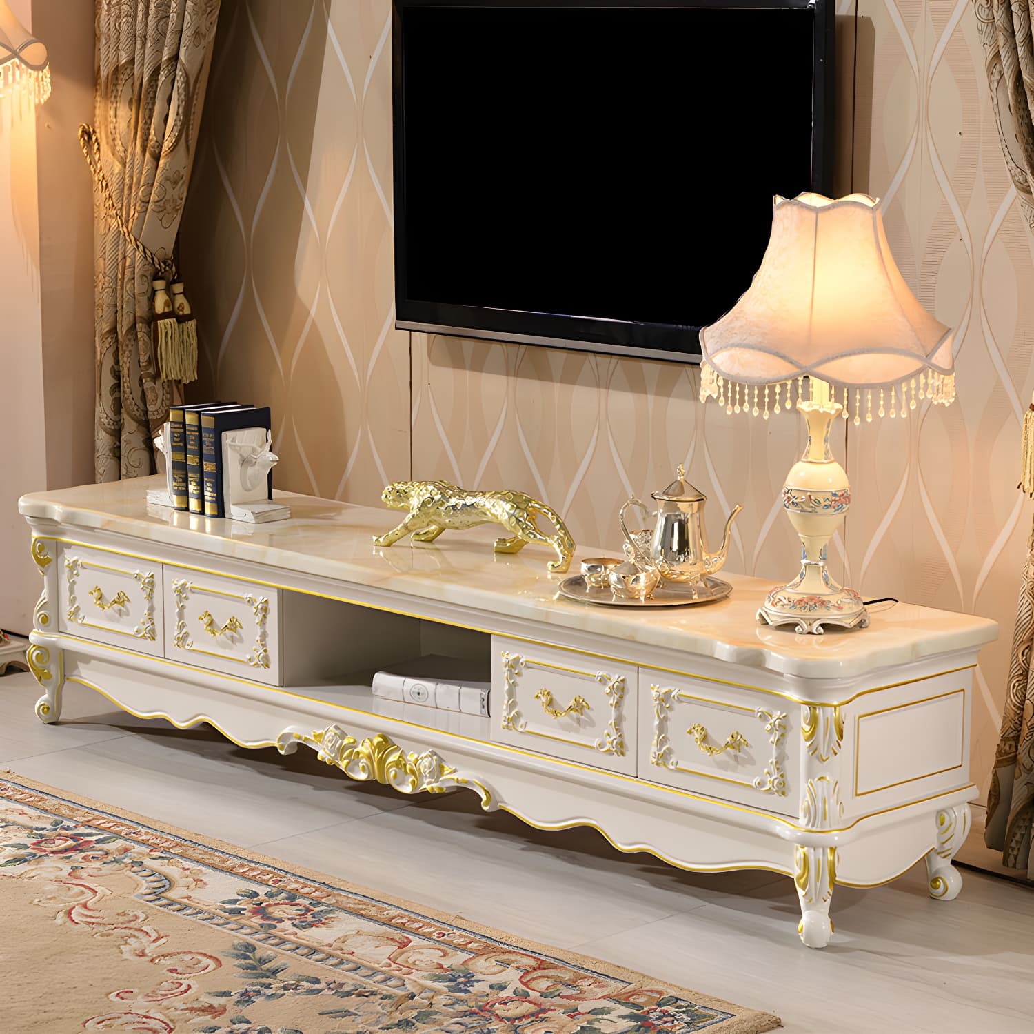 Traditional Marble Top TV Cabinet Solid Wood Crafted TV Stand for Living Room - image 3