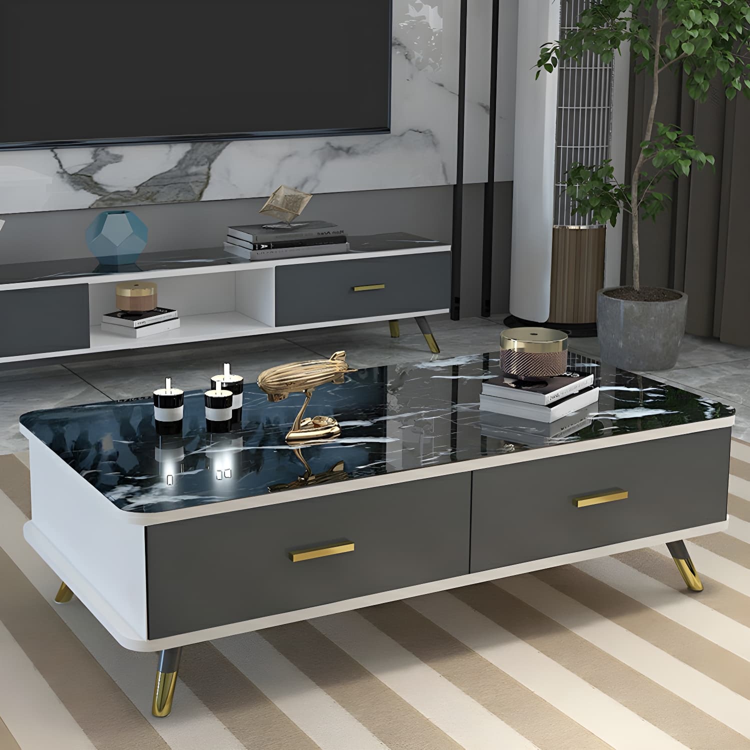 Glam Hollywood Regency Gold Metal Coffee Table with Storage Drawers
