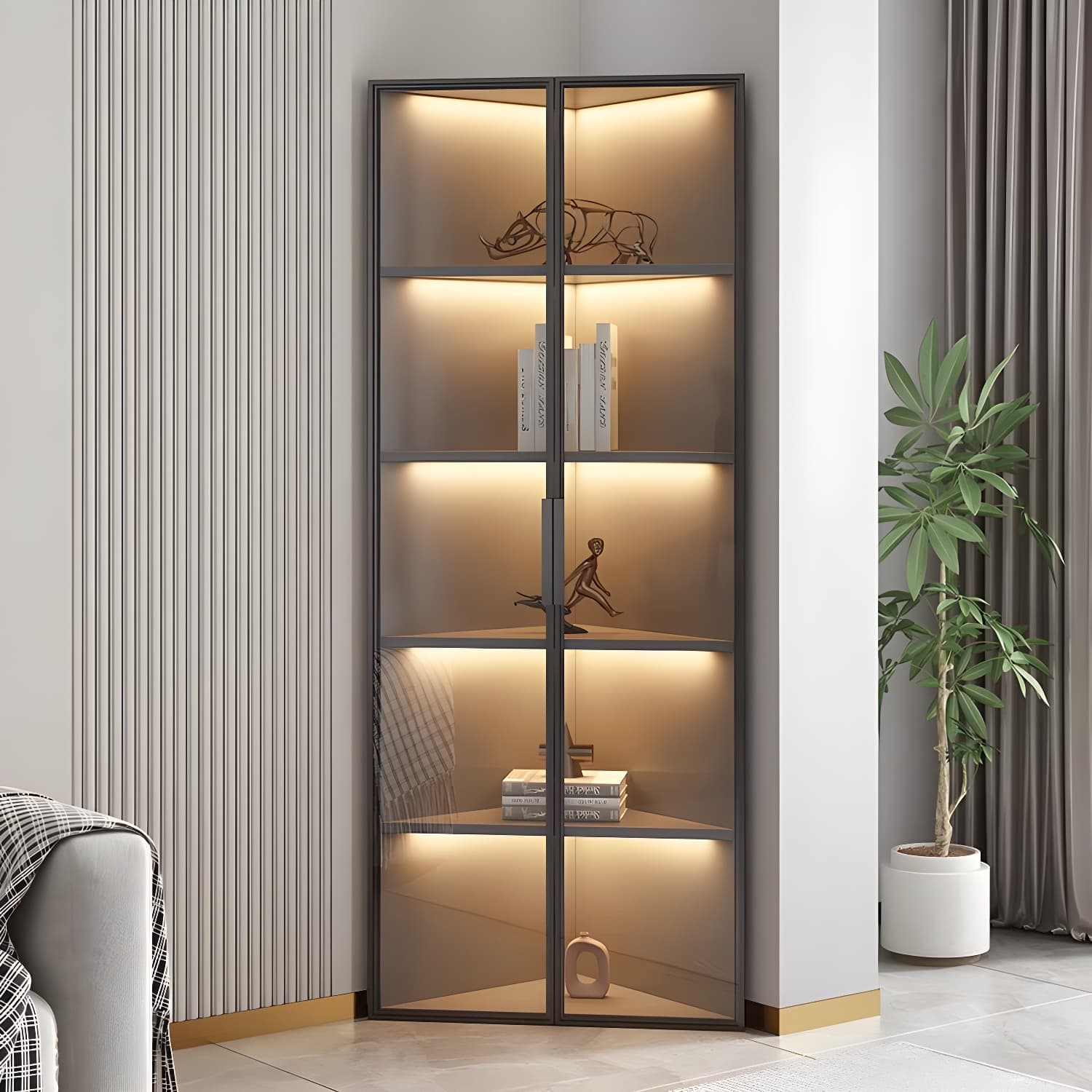 Modern Corner Accent Cabinet with Glass Doors and Metal Base without Light - image 3