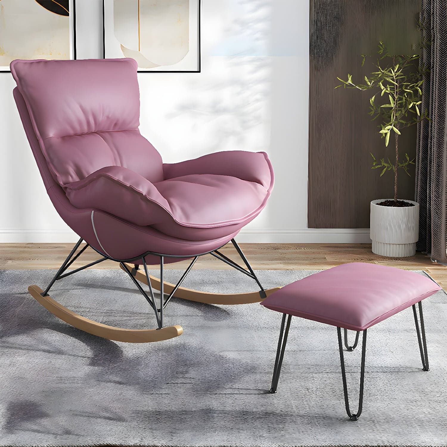 Modern Upholstered Rocking Chair and Ottoman Set - Natural Wood Legs, Stylish Design for Home Decor - image 7