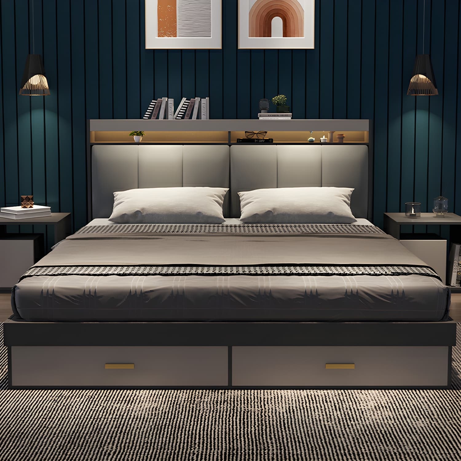 Modern Upholstered Headboard Bed with Storage and Patchwork Design - image 3