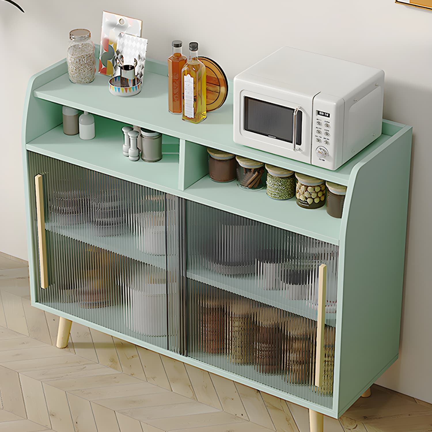 Scandinavian Wood Sideboard Credenza with Acrylic Doors and Cabinet Storage - image 11