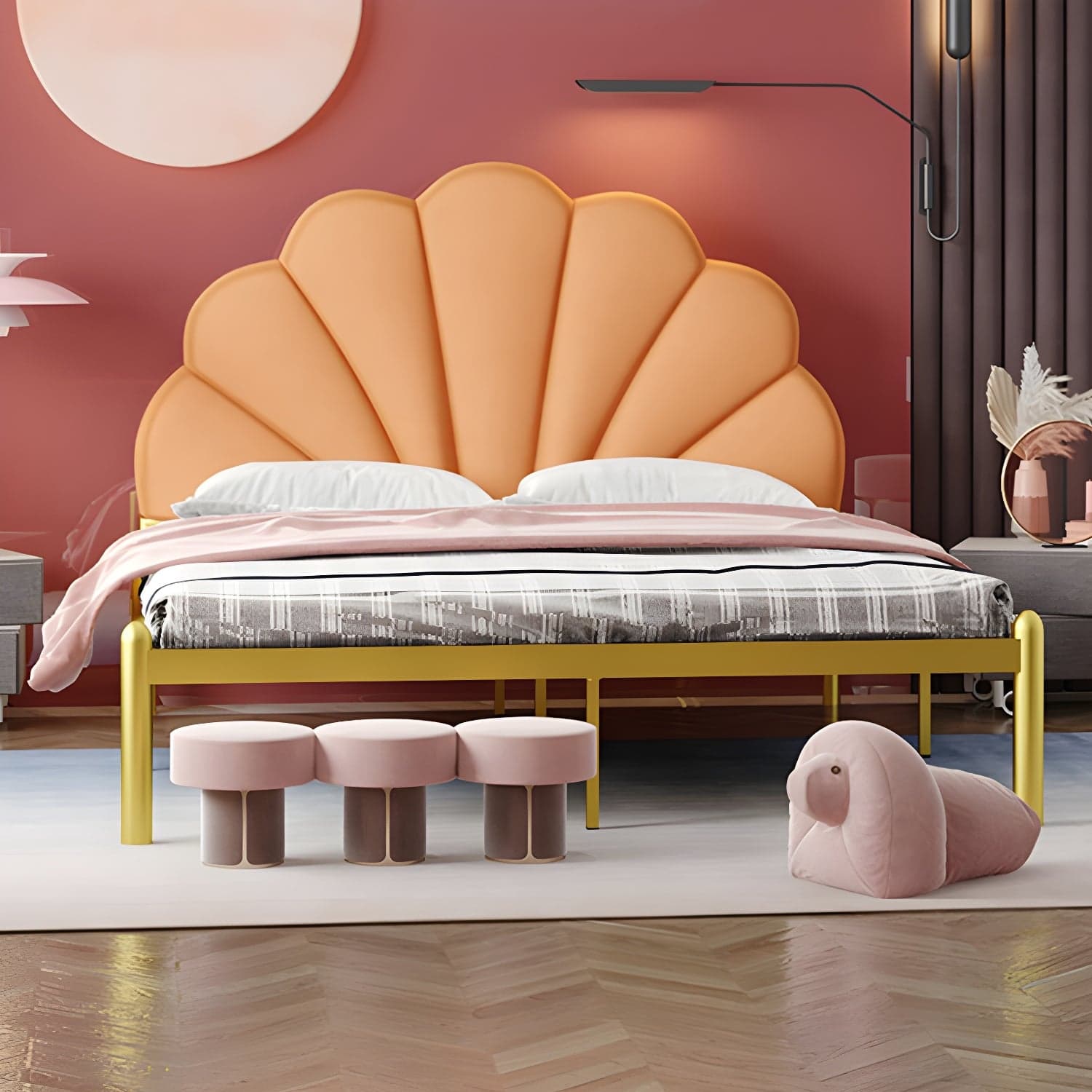 shell Suede Upholstered Headboard ,47 inch High Metal Panel Bed