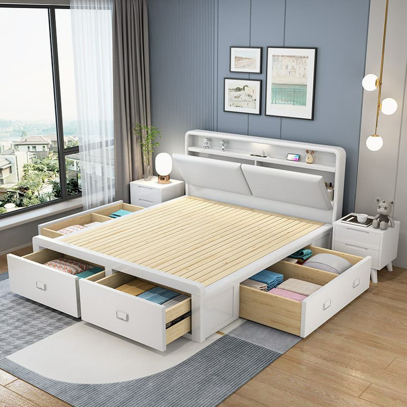 Modern Style Solid Wood Bed Arched Panel Upholstered Headboard Bed for Bedroom