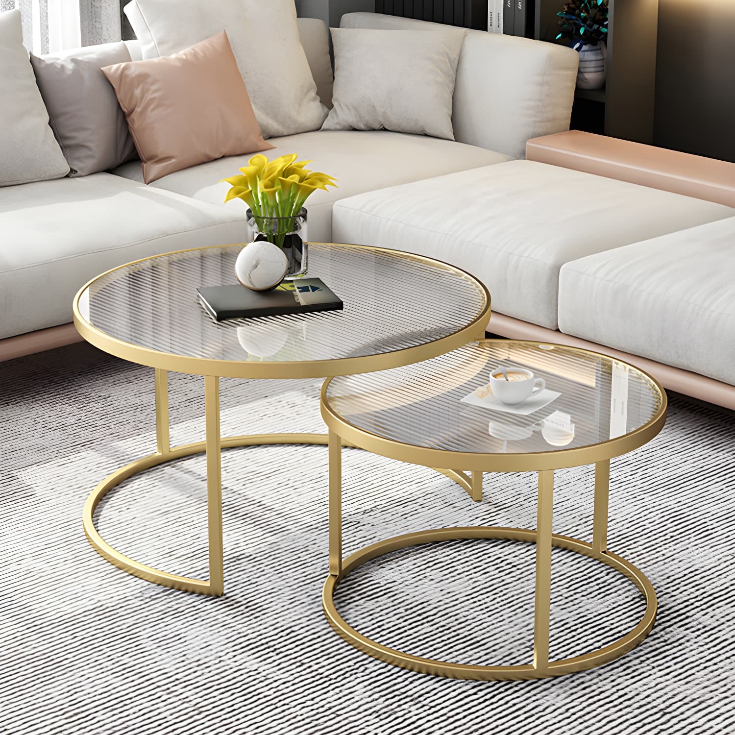 Set of Two - Glam Style Glass Top Coffee Nesting Tables With Metal Base - image 5