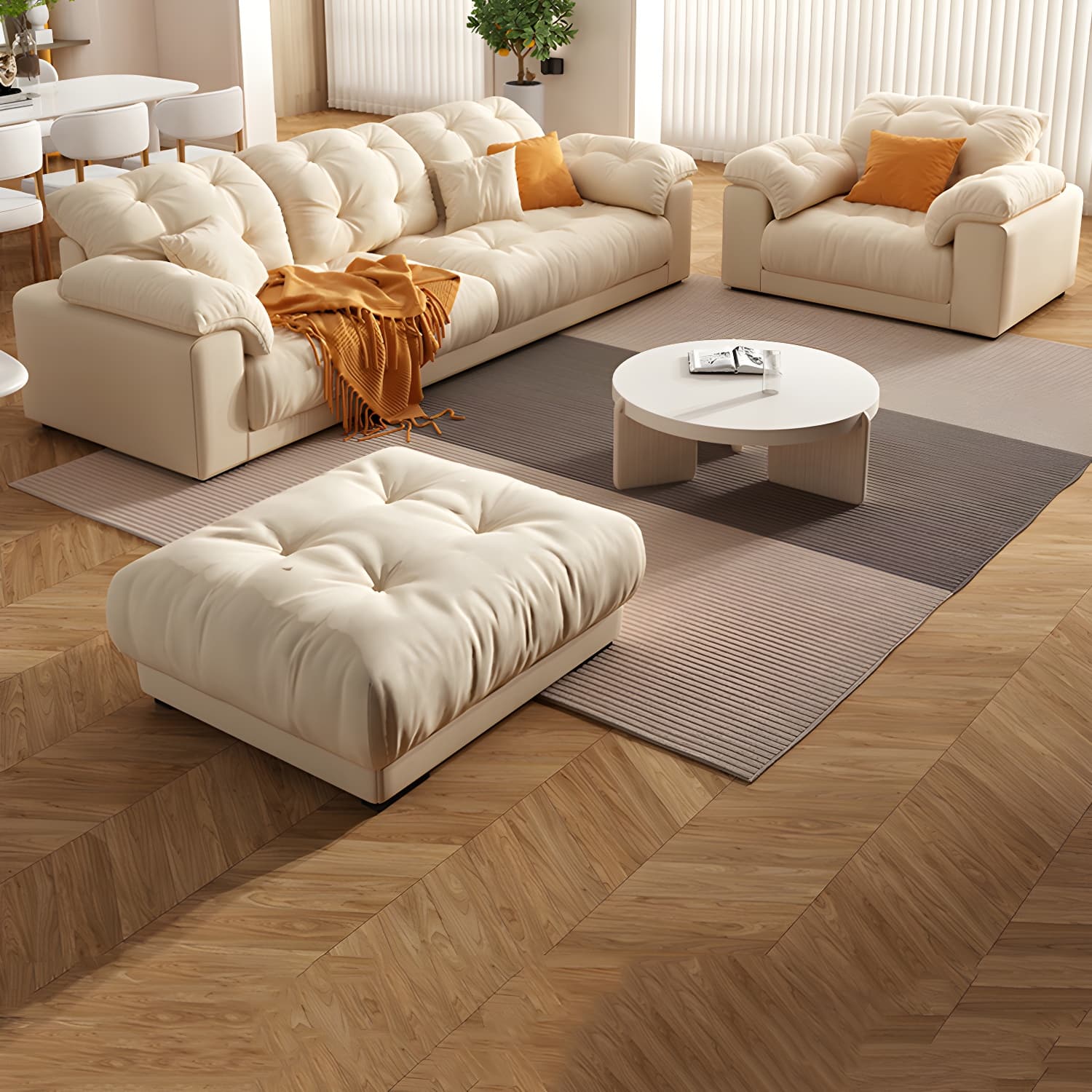 Modern Tufted Sectional Sofa in Off-White with Pillow Top Arm - image 5