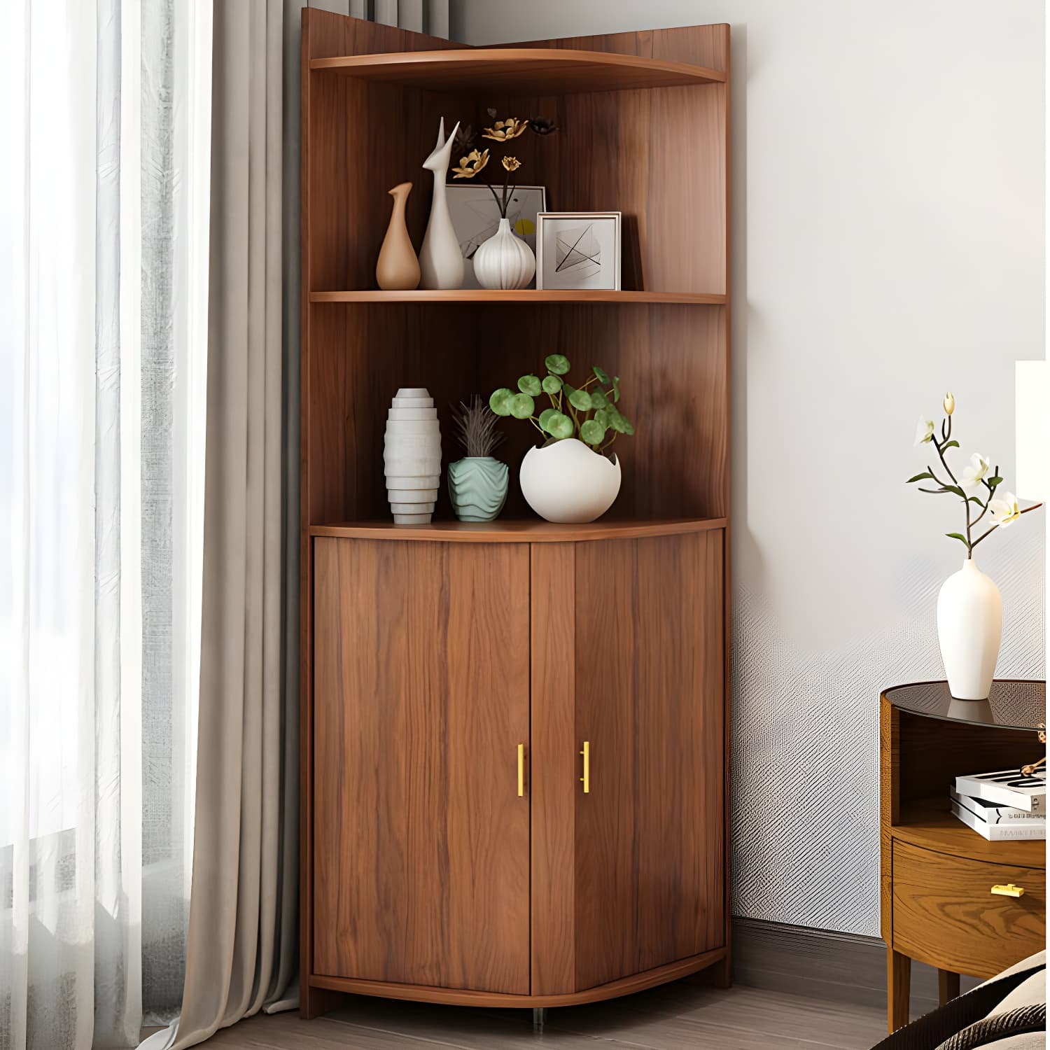 Corner Coastal Brown Wood Corner Accent Cabinet with 2 Shelves - image 3