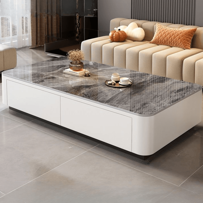 Contemporary Design Single Set Geometric Figure Rock Top Board Game Coffee Table with Block Base in Gray/Chalk and 2 Drawers