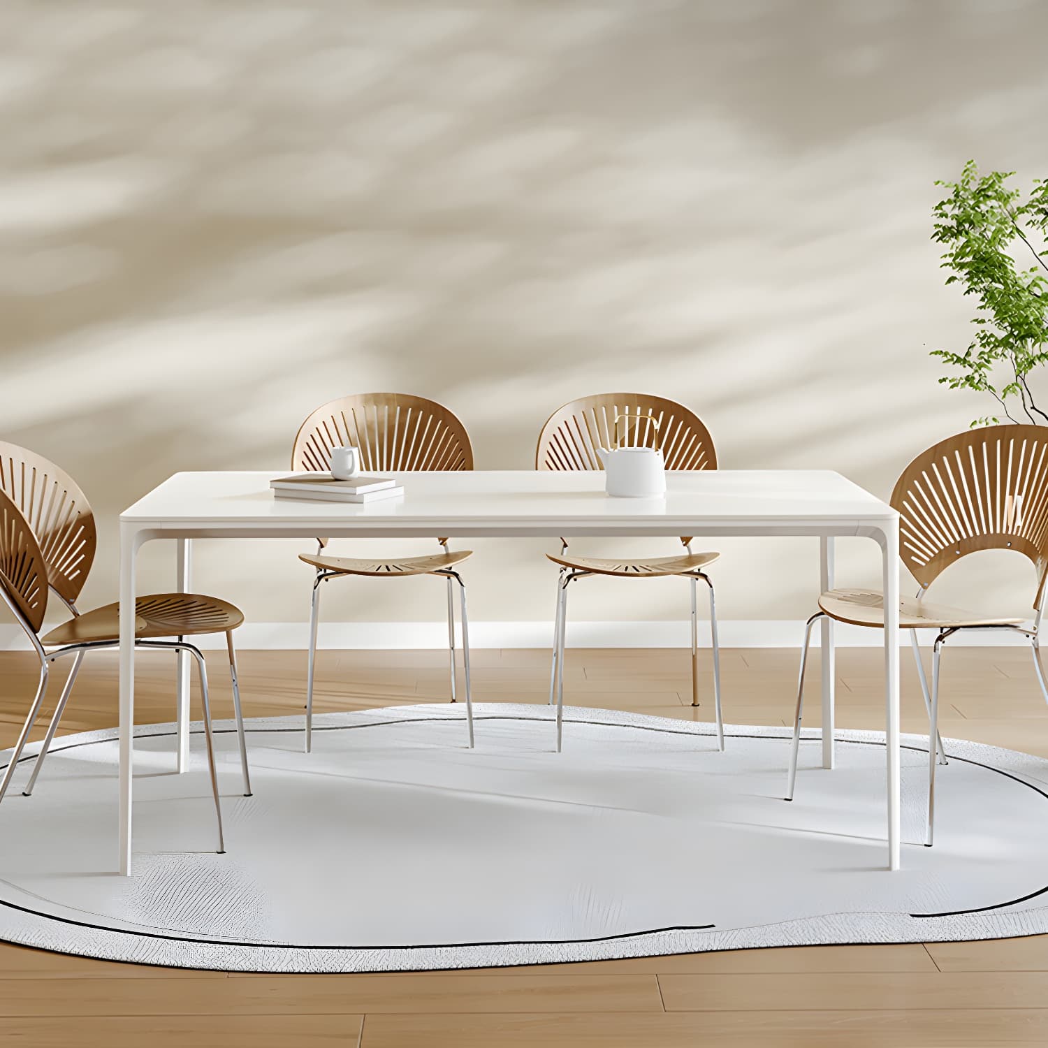 Modern Space Saving Rectangular White Stone Top with 4 Metal Legs