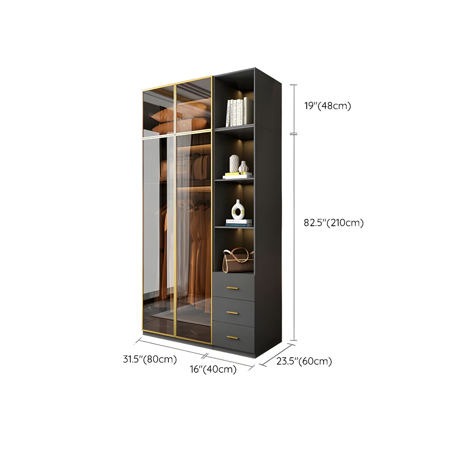 Modern Black Wood Wardrobe Armoire with Soft-Close Drawers & Clothing Rod - image 33