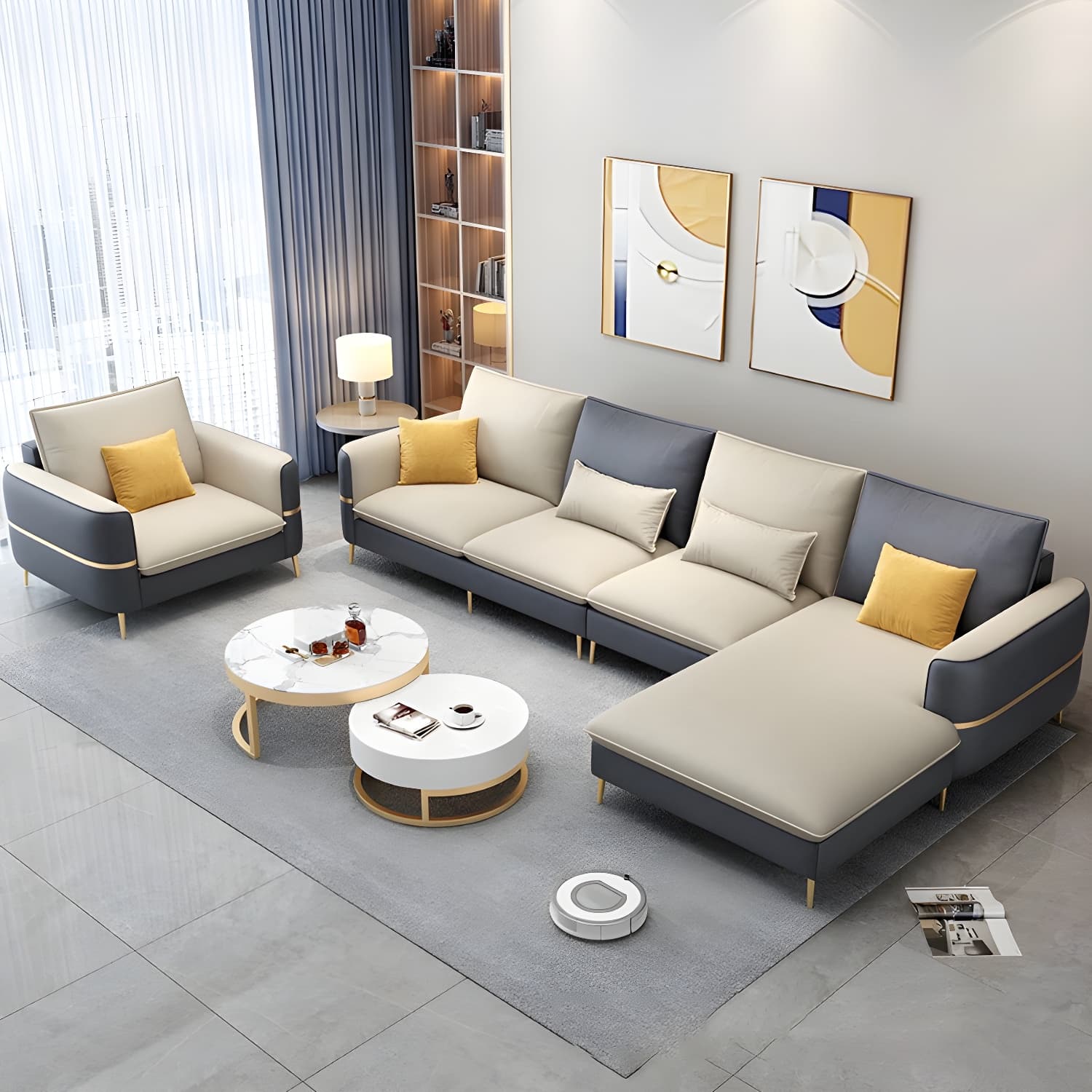 Glam Beige Tech Cloth Sectional Sofa with Pine Frame in Stationary Design