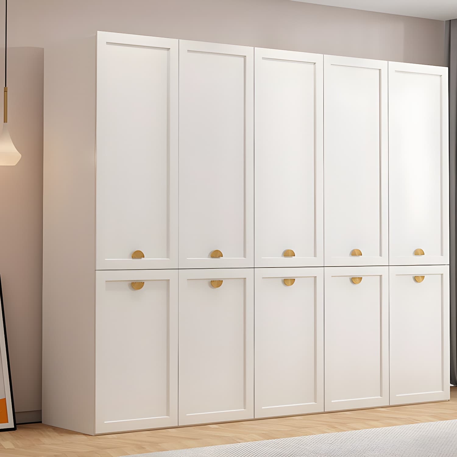 Modern Solid Color Shelves Hinged Doors Cloth Rod Included Cabinet in Beige