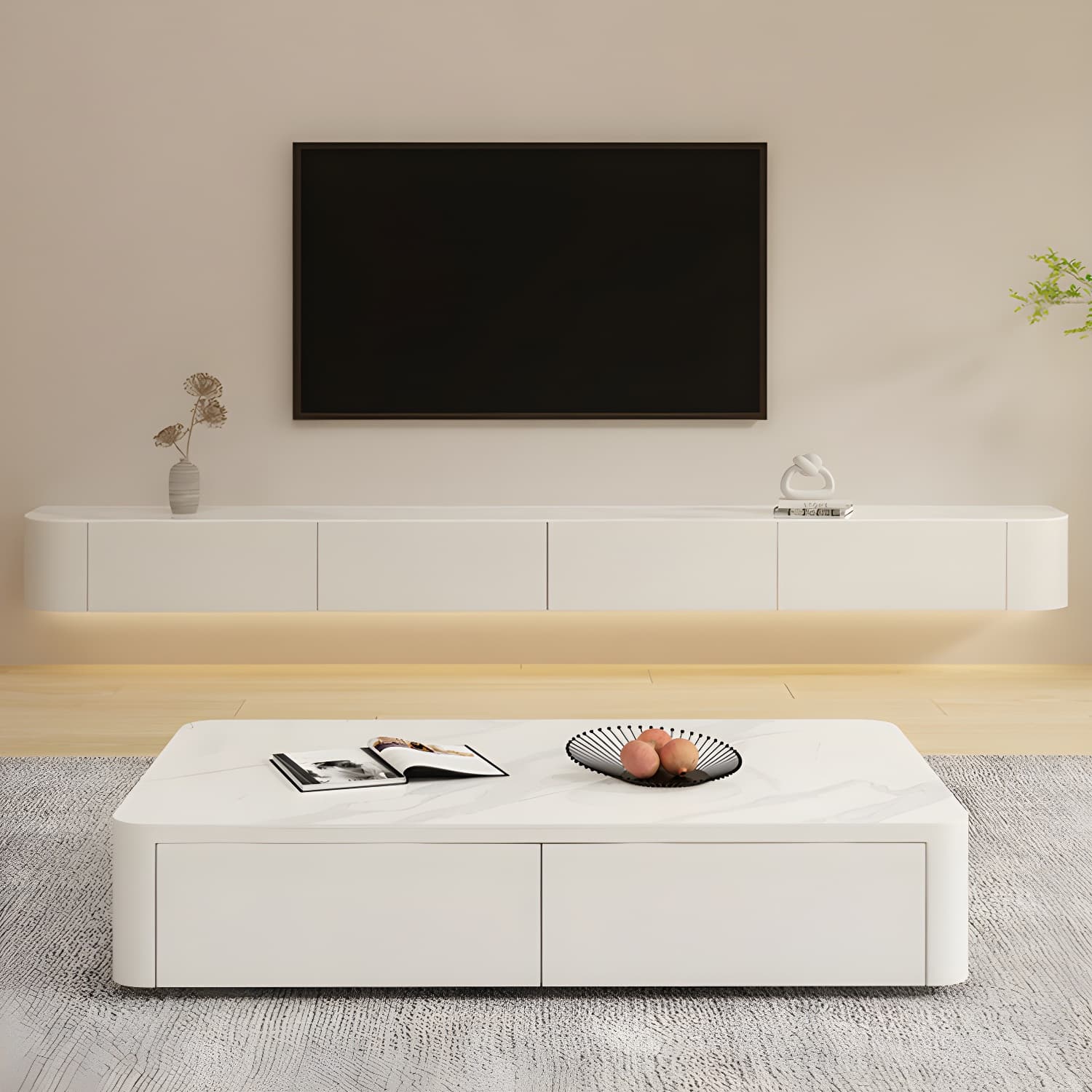 Stone TV Media Console Floating Stand Console with 2 Drawers - image 3