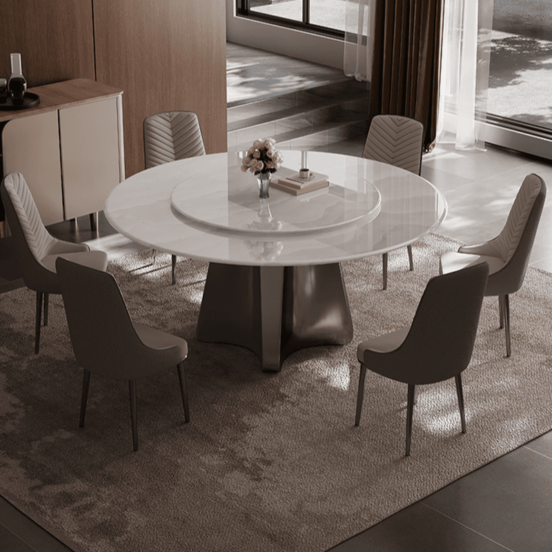 Minimalist Dining Table Set with Rounded Shape and Stump Base, Padded Chair with Back in White - image 3