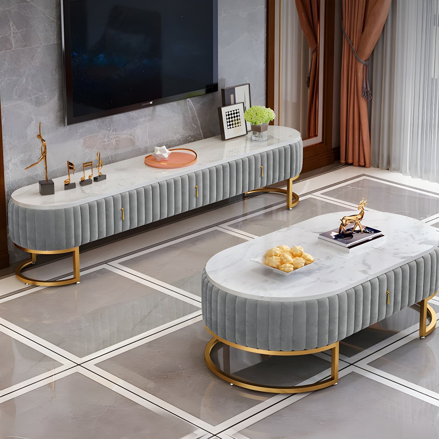Scandinavian TV Stand Imitation Marble Enclosed Storage TV Console with Drawers - image 8