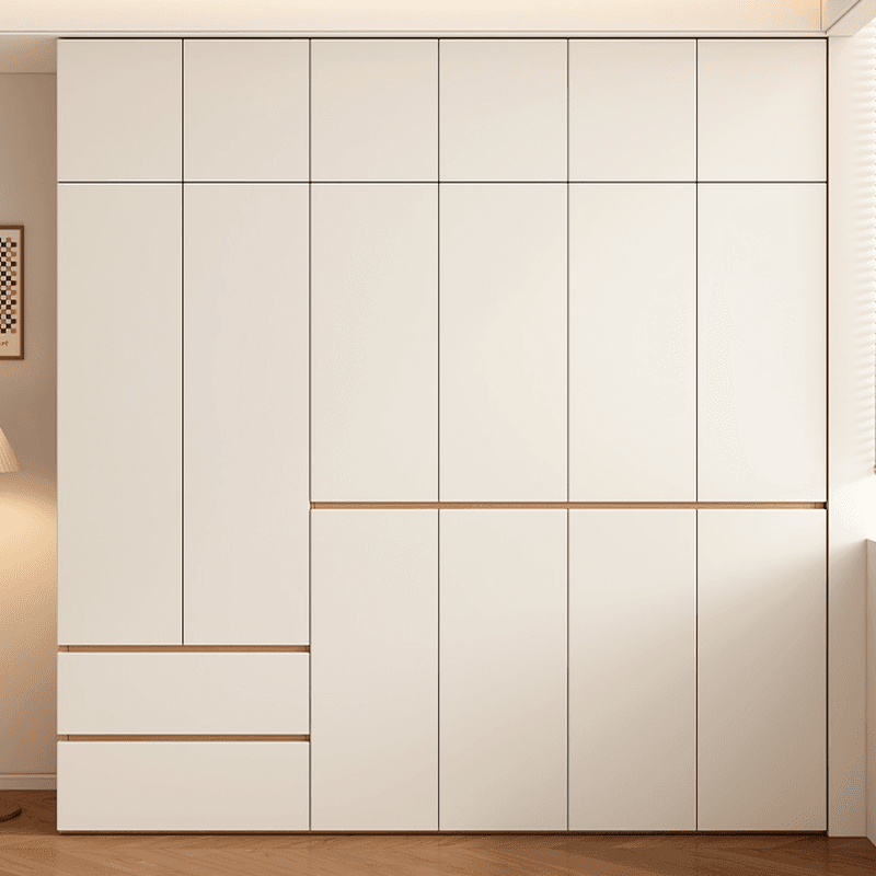 Chalk Modish Laminate Wardrobe Closet with Soft Close Drawer, Soft Close Door, Interior Shelves, and Clothing Rod