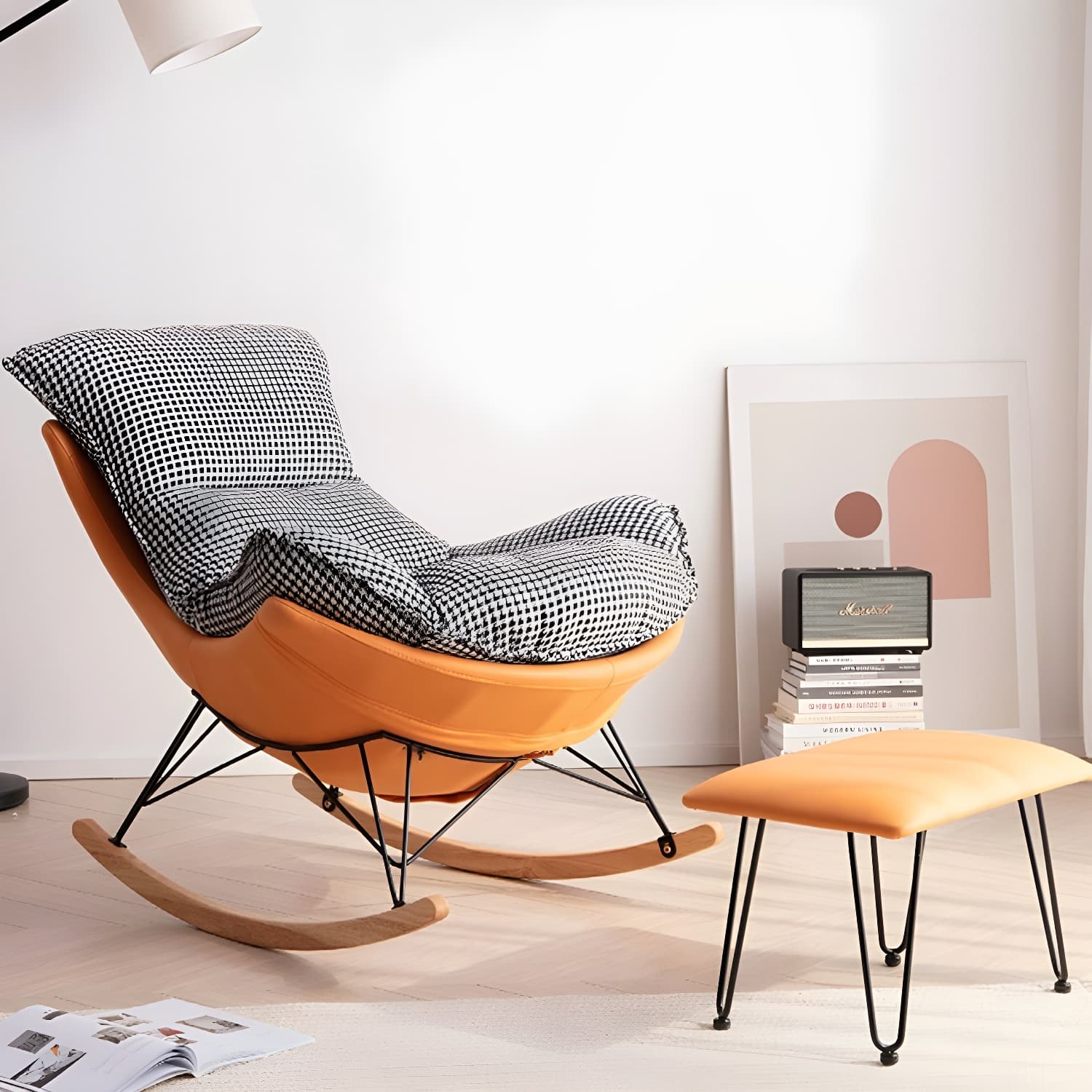 Modern Upholstered Rocking Chair with Ottoman Set - Natural Wood Legs - image 11